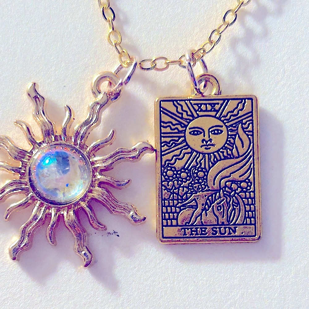 NWOT necklace Sun w “opal” center, The Sun Tarot Card etched goldtone charms 16” - Picture 3 of 11